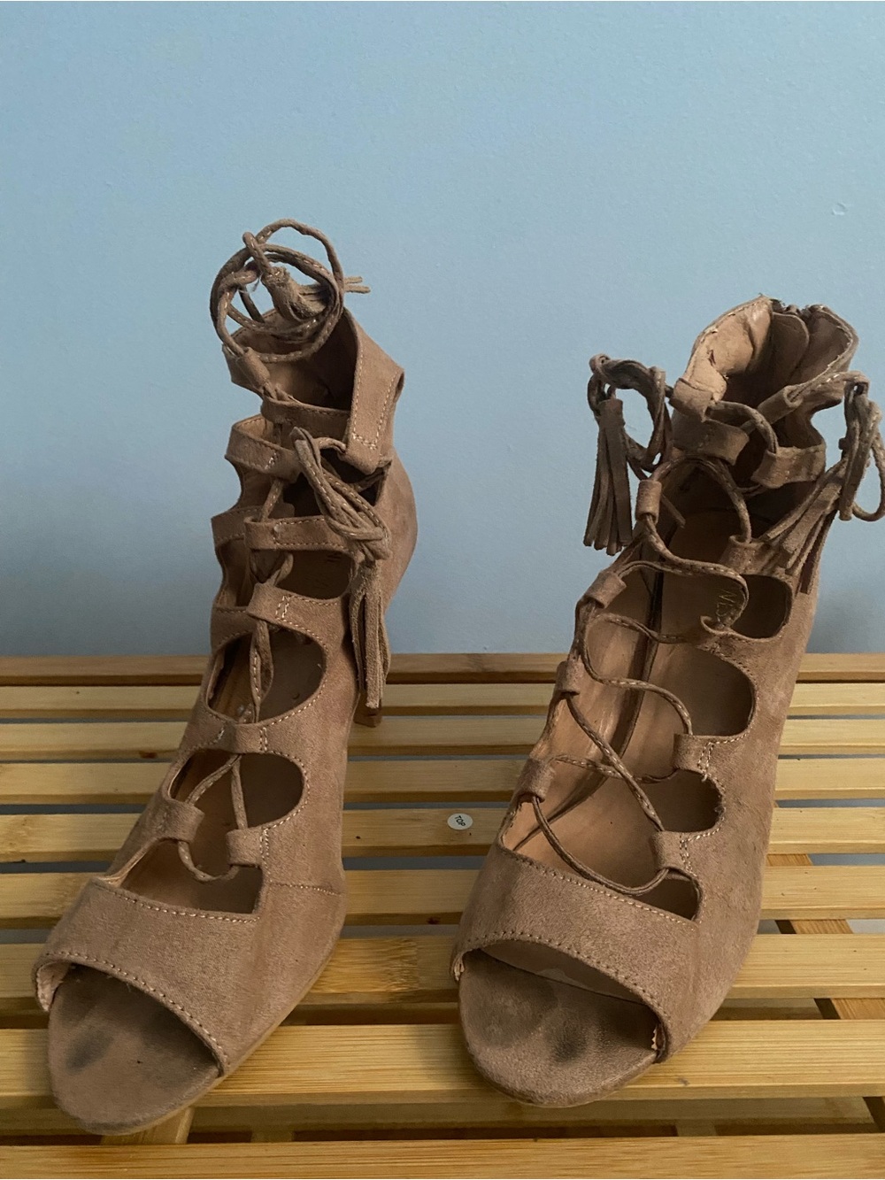 Women's Taupe Lace-Up Suede Peep-Toe Heels